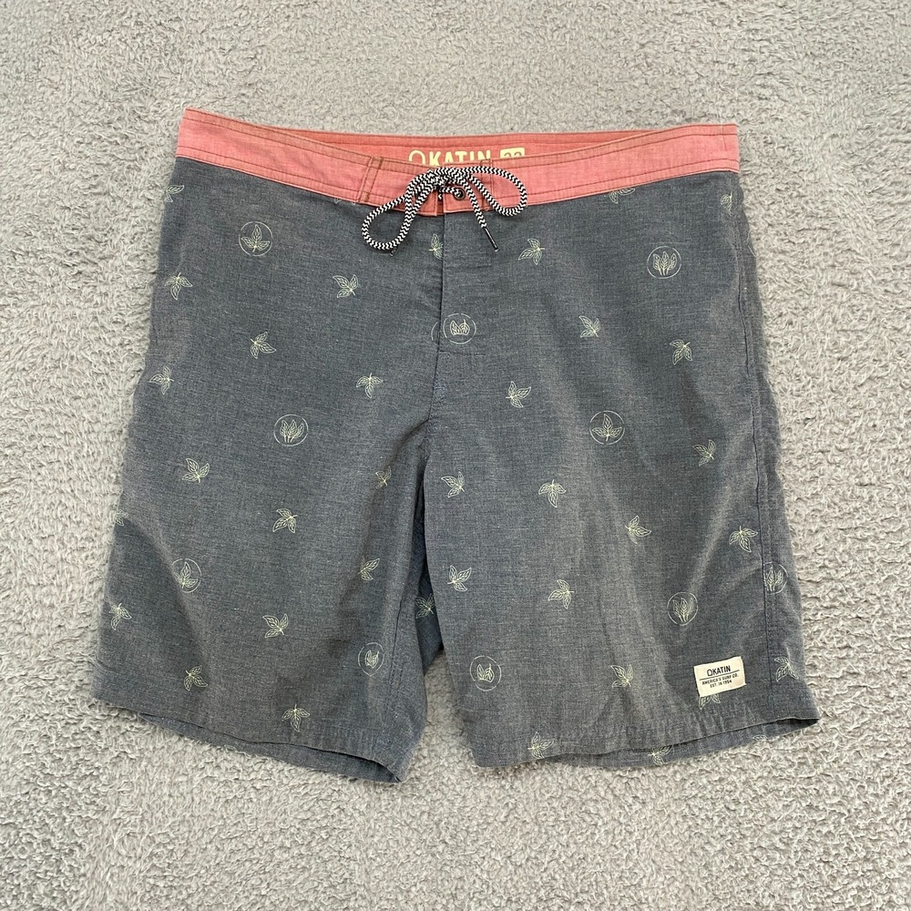 Katin Board Shorts Mens 32 Leaf Print Stretch Swim Beach Surf 9 Inch Gray